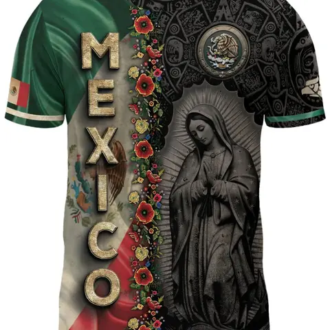 Mexico Flag Eagle and Serpent Aztec Heritage Statement Casual Shirt, Guadalupe Fitted Long-Sleeve All-Over Print National Pride Apparel