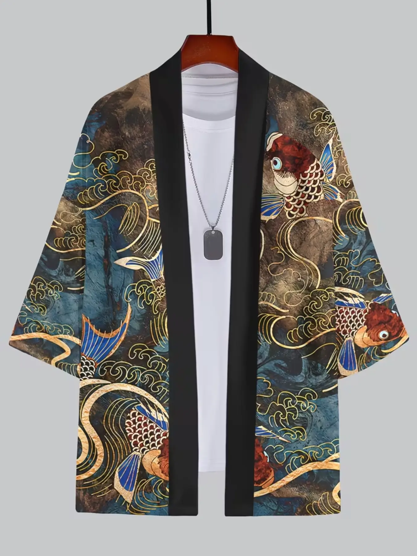 Men's Japanese Koi Wave Print Kimono Open Front Jacket, Three-Quarter Sleeve Unbuttoned Outerwear, Vintage Eastern Gold Thread Beach Cover-Up