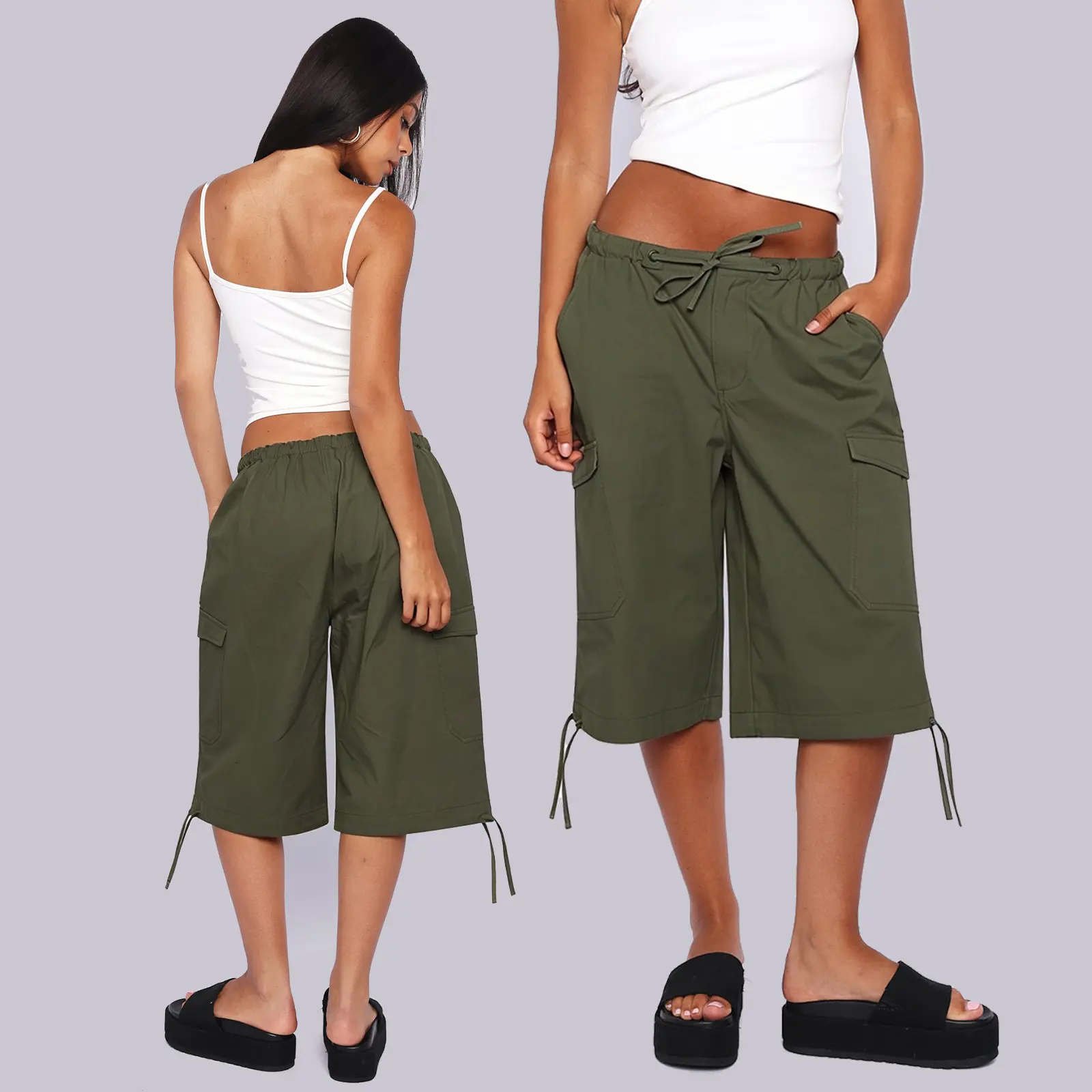 Women's Oversized Wide Leg Cargo Capris - Adjustable Drawstring Elastic Waist, Utility Pockets, Everyday Outdoor Casual Bottoms, Hip, Comfortable
