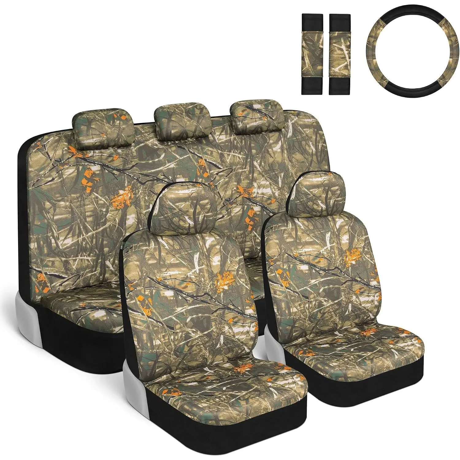 Hunter Camo Car Seat Covers Full Set with Camo Steering Wheel Cover and Seat Belt Cover Pad – Forest Camouflage Pattern, Automotive Front Seat & Bench Back Seat Cover for Cars Trucks SUV
