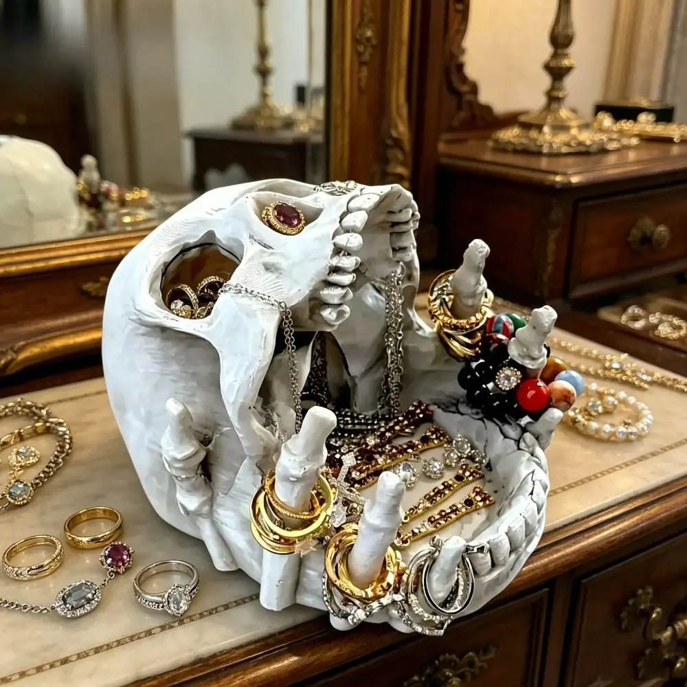 UYYFCA Skull Resin Jewelry Box, Gothic Halloween Multi-Compartment Storage Holder for Rings Earrings Necklaces, Desktop Decor Ornament, Ideal Gift for Your Loved One