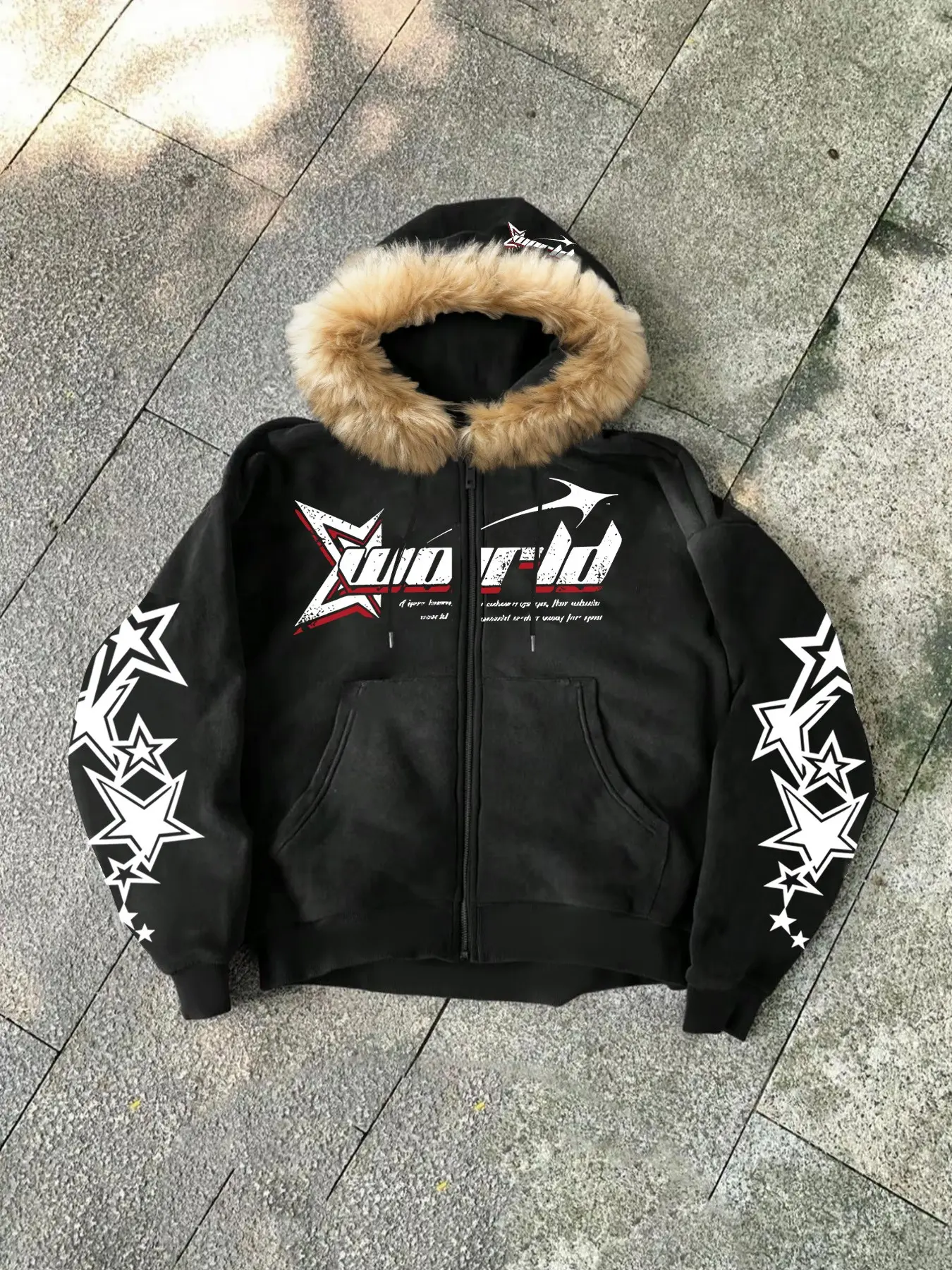 Men's Letter Star Pattern Print Hooded Jacket, Detachable Fur Collar, Zipper Pocket Outerwear, Fall Winter Warm Fashion, Casual Fashion Outerwear