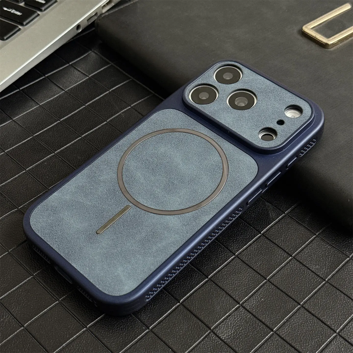 Eros Brand Calfskin Suede Leather Magnetic Suction Case with Large Window Side Cooling Cover for iPhone 17 Mobile Phones, Calfskin Leather