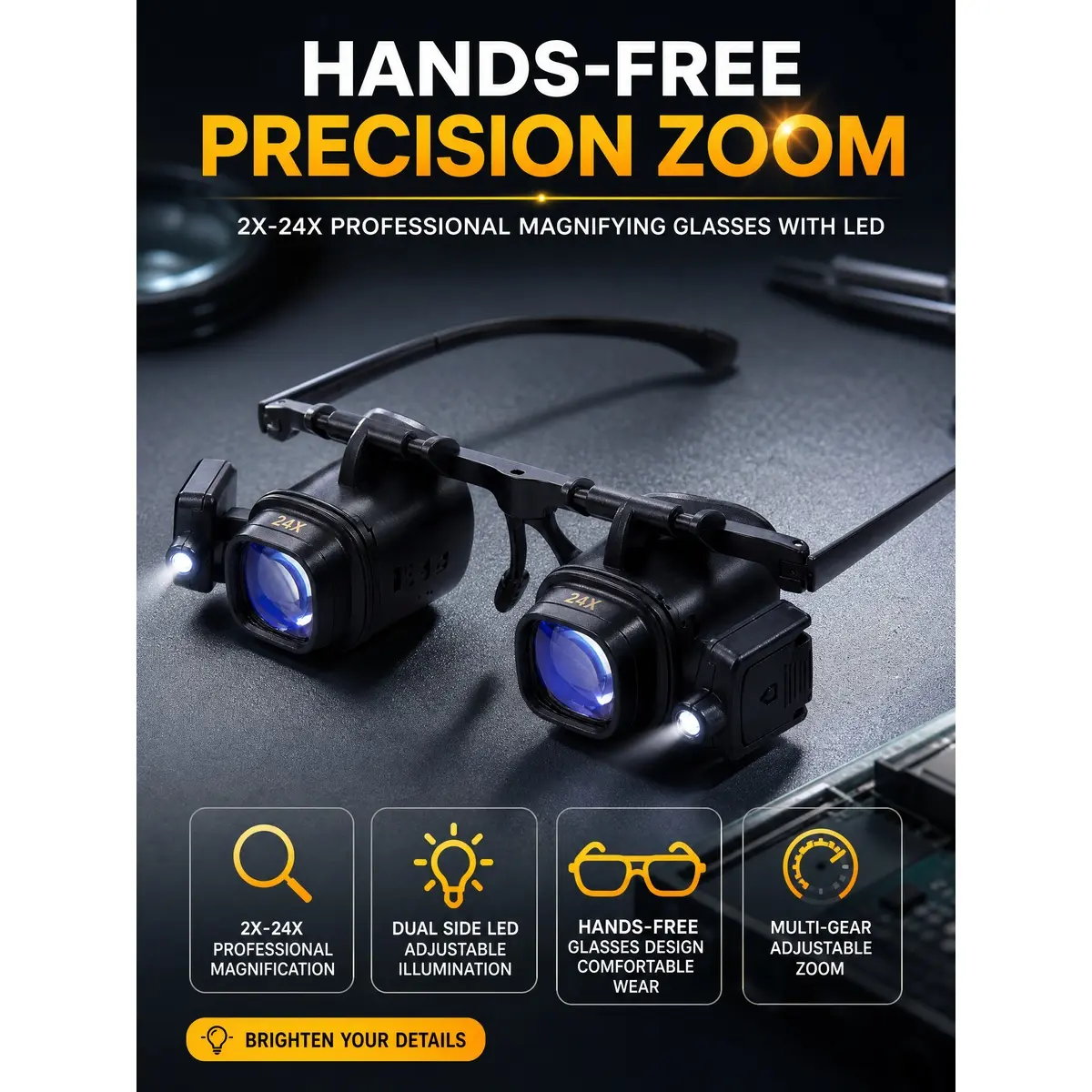 Unisex Head-Mounted Magnifying Glasses with 2 LED Lights, 2x-24x Acrylic Lenses, Portable ABS Frame, Soldering Tool for Electronics & Mobile Repair (Tools & Hardware, Soldering Equipment)