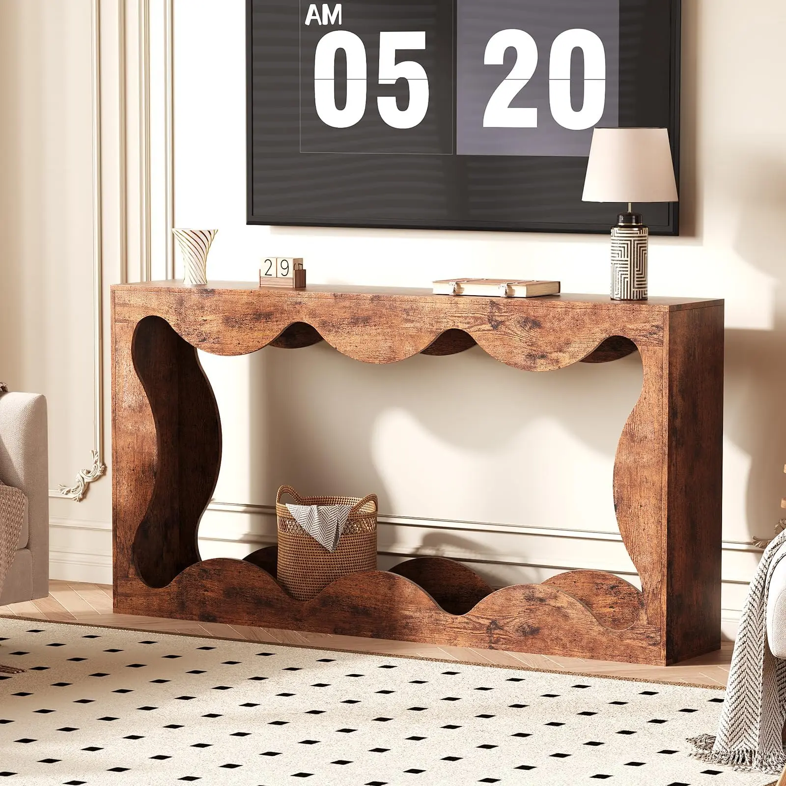 Garvee 63" Rustic Scalloped Entryway Console Table - Narrow Wood Sofa Table with Storage, Perfect for Living Room, Hallway & Apartments, Brown Finish