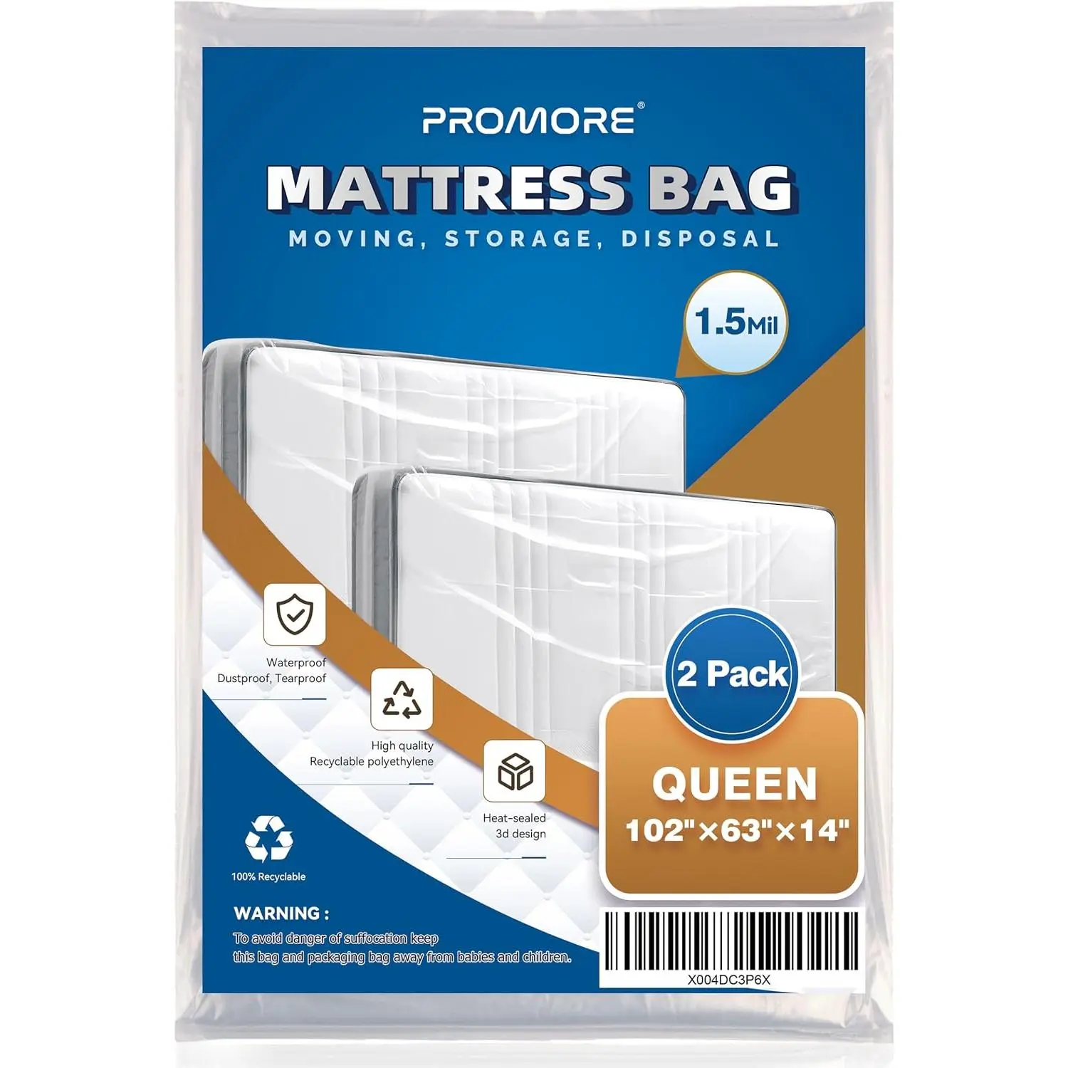 2PK Mattress Bag for Moving or,Queen Size,1.5Mil | Waterproof, Tear-Resistant, Moving Supplies,Mattress Protector Cover