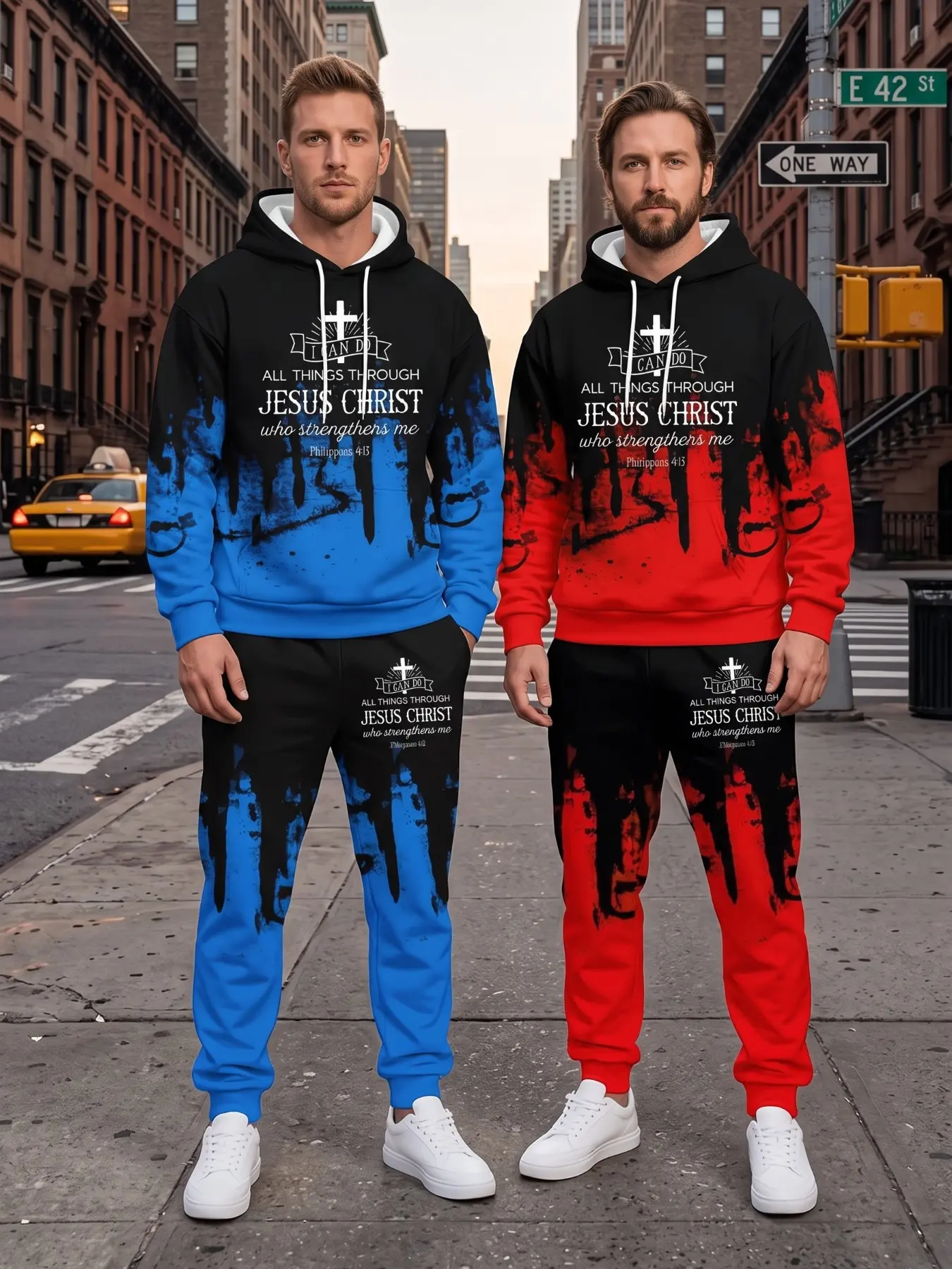 Men's 4-Piece Hooded Sweatshirt Set, Base Blue Gradient Cross Jesus Verse Print, Casual Streetwear, Long Sleeve, Loose Fit, Matching Sets