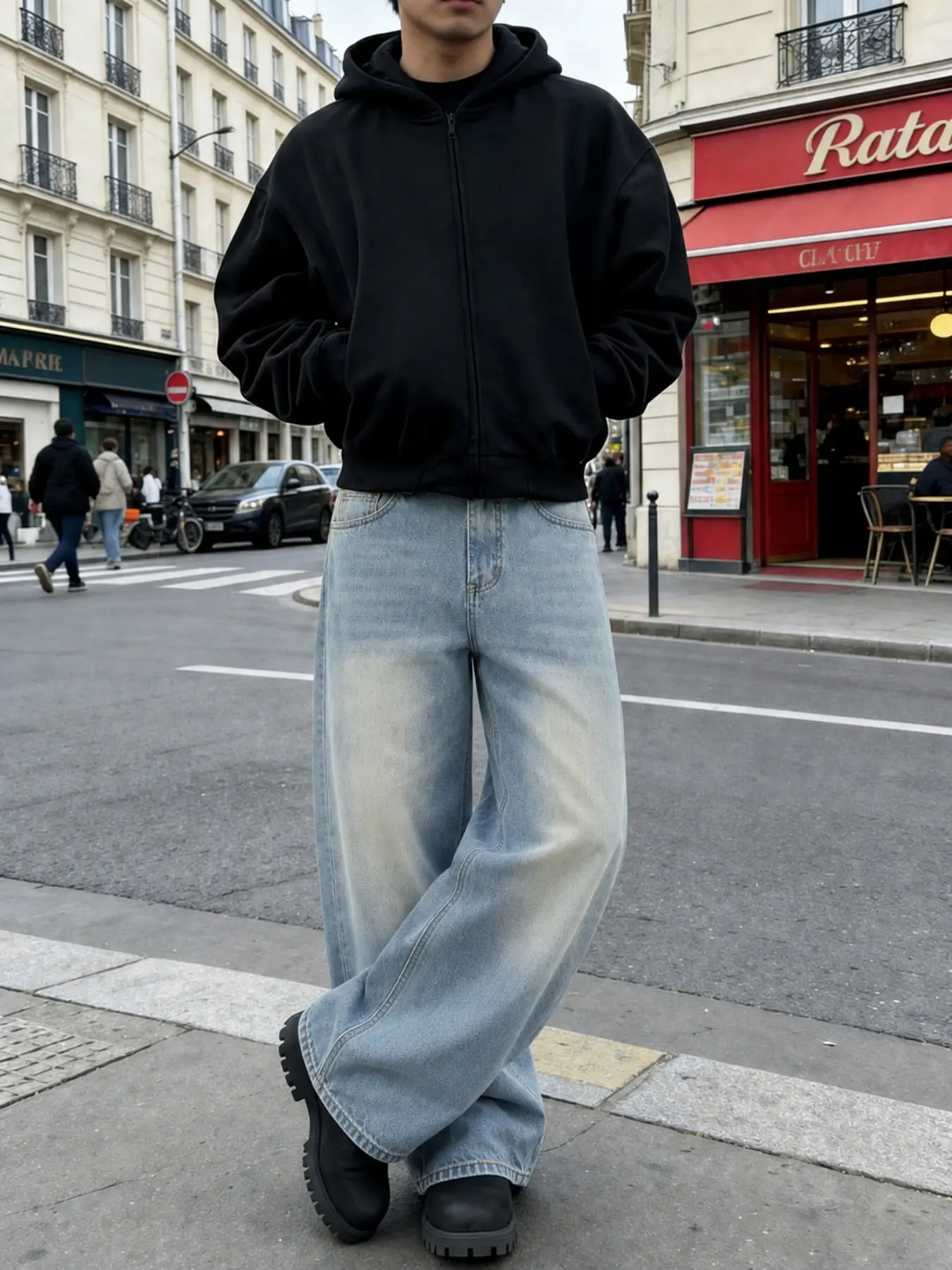 Men’s Black Washed Bootcut Jeans with Whisker Fading and Subtle Jacquard Pattern, Retro Flared Denim Pants for Casual Western Streetwear