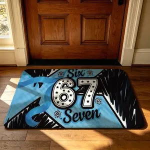 A rectangular indoor floor mat with the theme of "Six Seven", featuring the numbers 6 and 7. The mat features a soft, machine-washable design with a silicone rubber backing and fleece lining. It's ideal for use as a dirt-resistant mat at entrances,