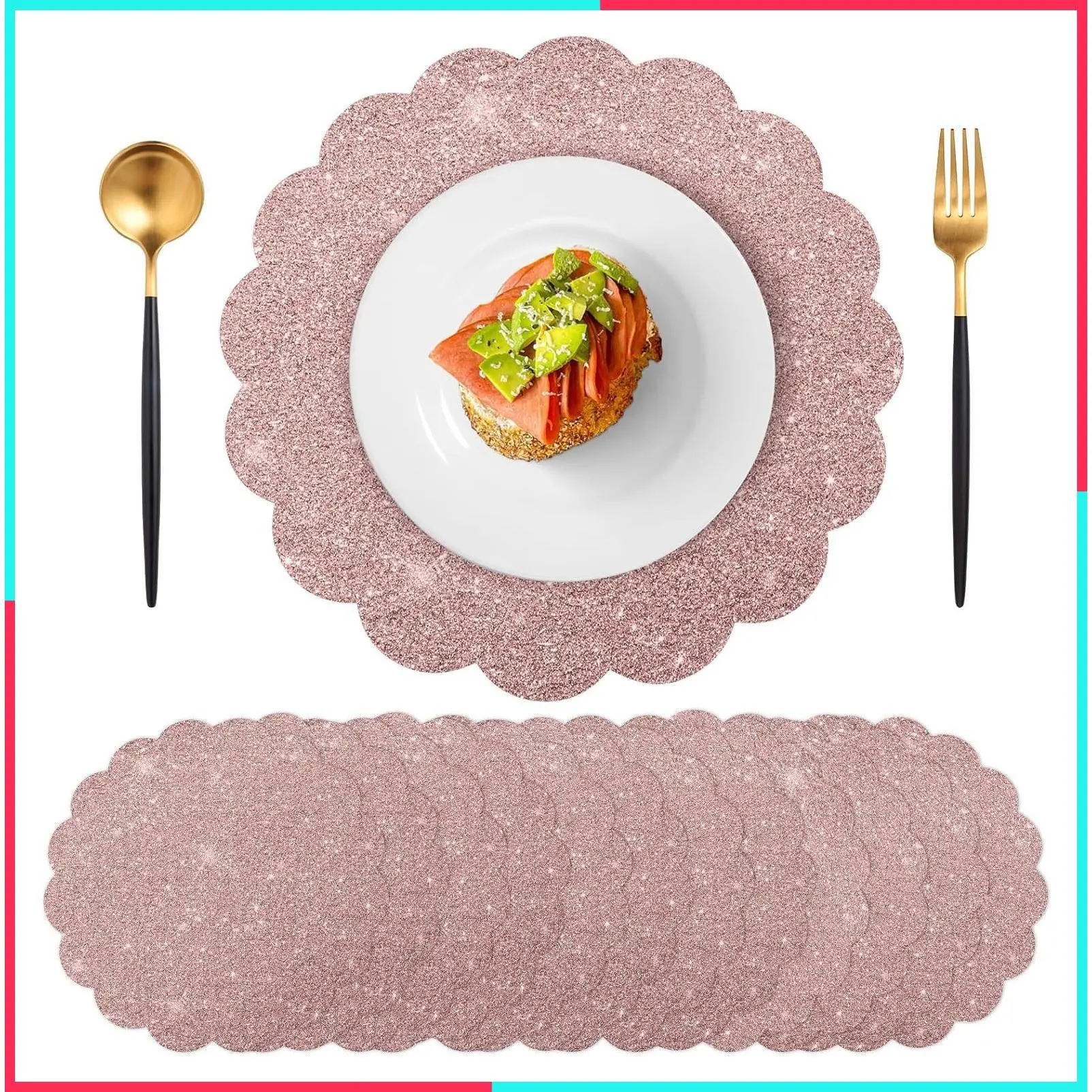 60Pcs Rose Gold Glitter Scalloped Paper Placemats, 13.5 Inch Round Disposable Sparkle Table Mats for Baby Shower, Tea Party, Wedding, Birthday Banquet