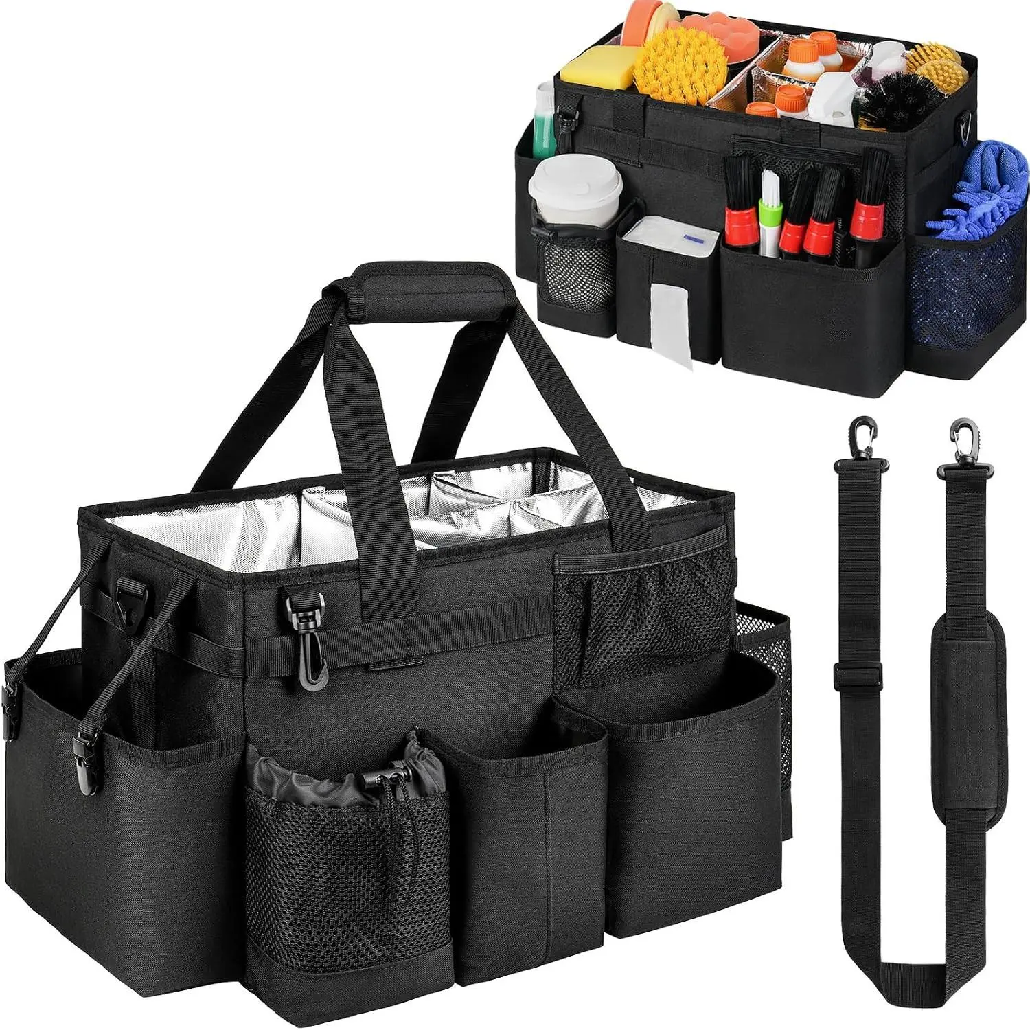 Wearable Cleaning Caddy Bag, Car Care Detailing Bag with Handle and Detachable Padded Cushion for Auto Cleaning Supplies & Vehicle Wash Tools, Black