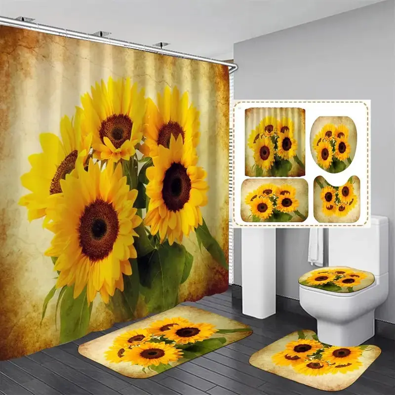 4pcs Rectangle Sunflower Shower Curtain Full Set - Yellow Floral Print Bathroom Decor, Washable Fabric Curtain, Rugs, Toilet Lid Cover, Easy Hanging U-Type Bathroom Supplies for Decor Ideas, Bathroom Decor Ideas