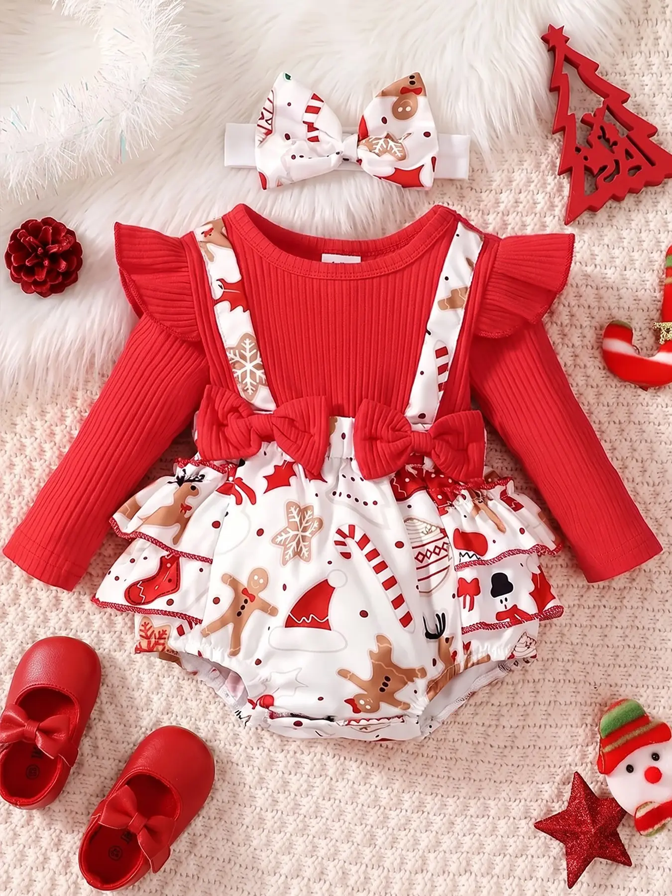 Baby Girls' Christmas Jumpsuit, Striped Long Sleeve, Gingerbread Man Print, Loose-Fit, Fall & Winter, Includes Hairband
