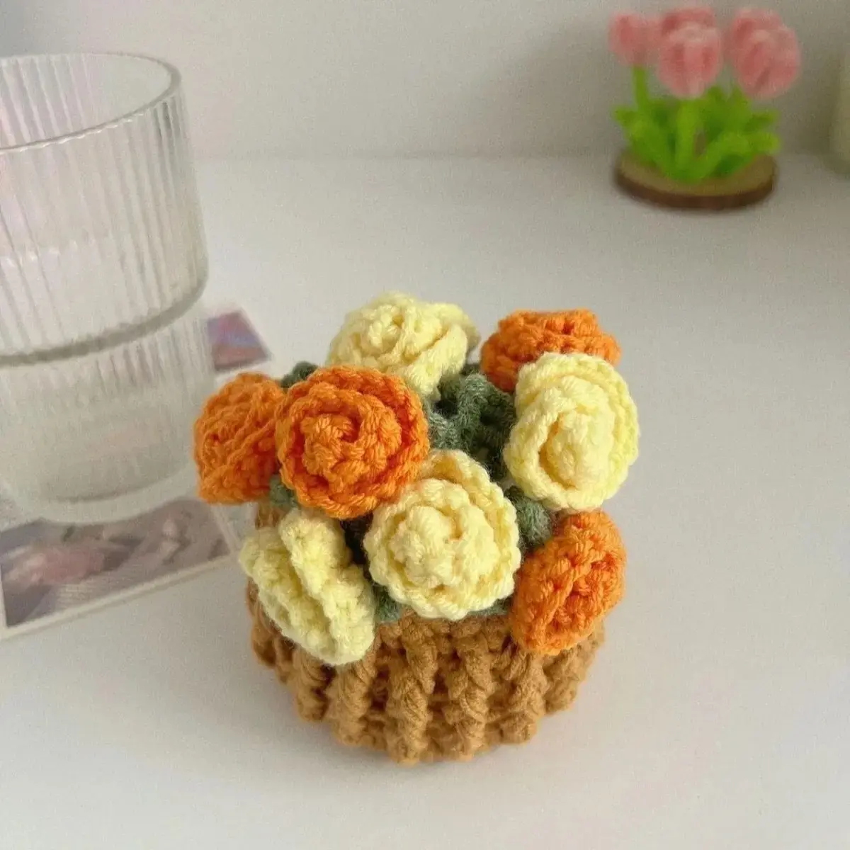 Handmade Crochet Round Coaster - Yarn Knit Floral Top Drink Holder, Indoor Tableware, Decorative Table Accent for Mom, Birthday Gift, Cup