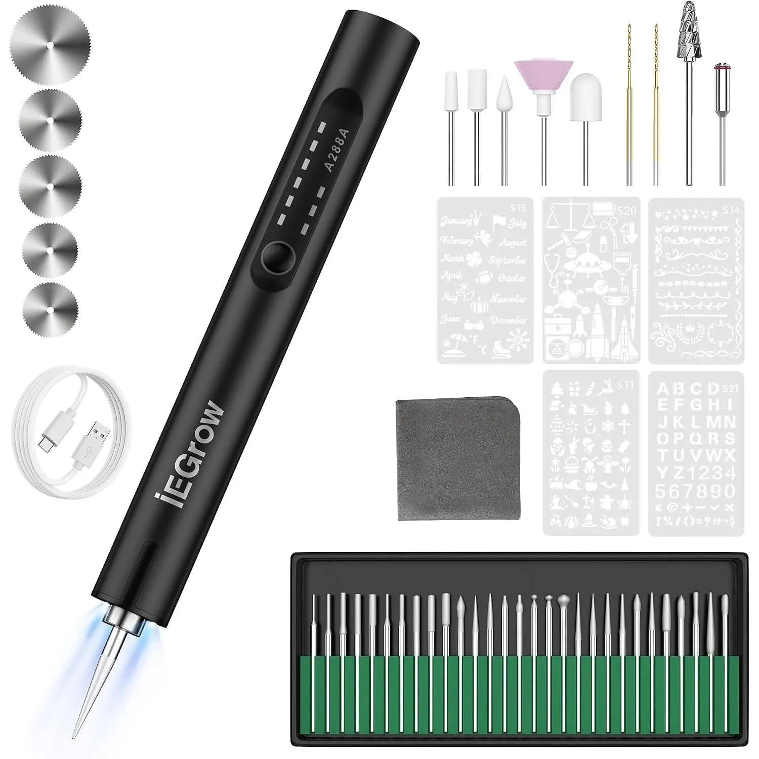 Electric Engraving Pen with Light, DIY Etching Tool Kit with 44 Bits, Grey