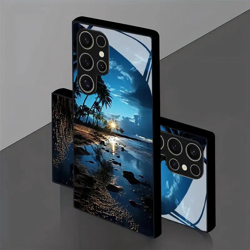 Tempered Glass Phone Case Featuring a Tropical Beach Sunset Design, Compatible with Samsung Galaxy S26 S25 S24 S23 S22Pro S21 S20 Fe Plus Ultra Pro A56 A55 A54 A53 A52 A51 A36 A35 A34 A32 A26 A25 A24 A23 A16 A15 A14 A06 A05 A03s