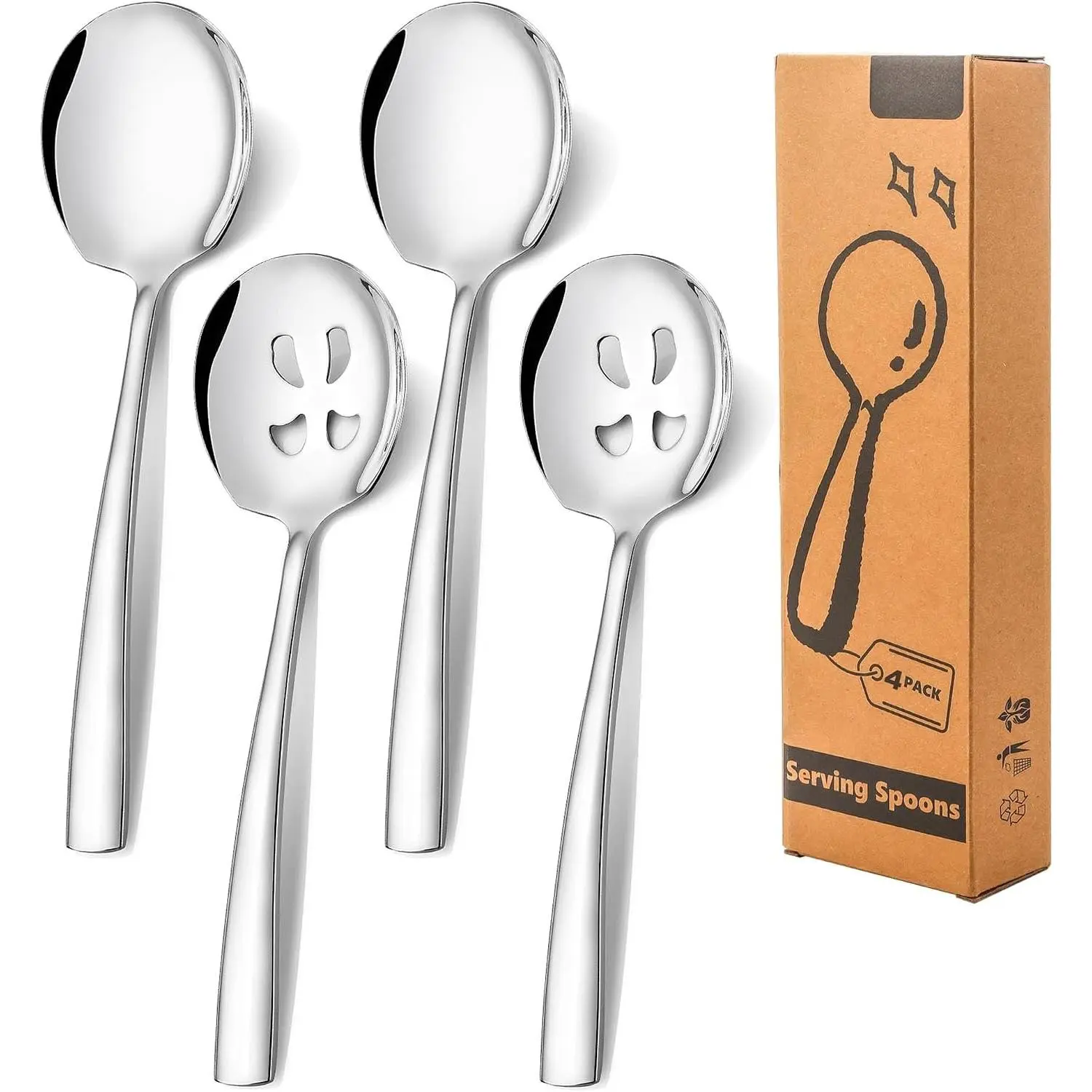 Stainless Steel Serving Spoons Set, 9.2-Inch Large Slotted Spoon x 2, Serving Spoon x 2, Big Serving Utensils Set for Buffet, Parties, Catering (2 Slotted & 2 Solid, )