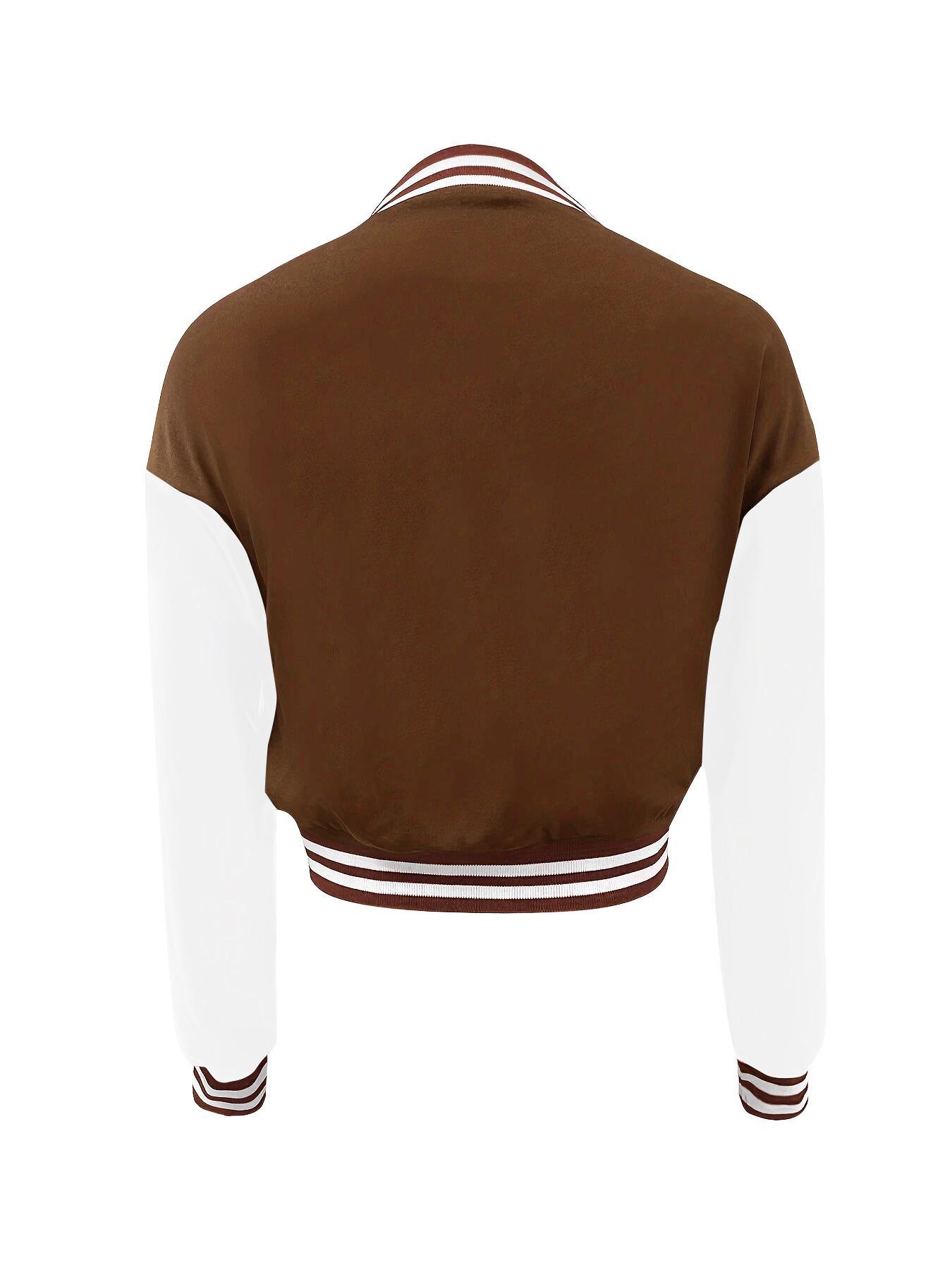 Women's Black Faux Leather Letter Patched Button Front Jacket, Casual Drop Shoulder Long Sleeve Baseball Collar Outerwear for Fall & Winter, Ladies Clothes for Daily Wear, Womenswear