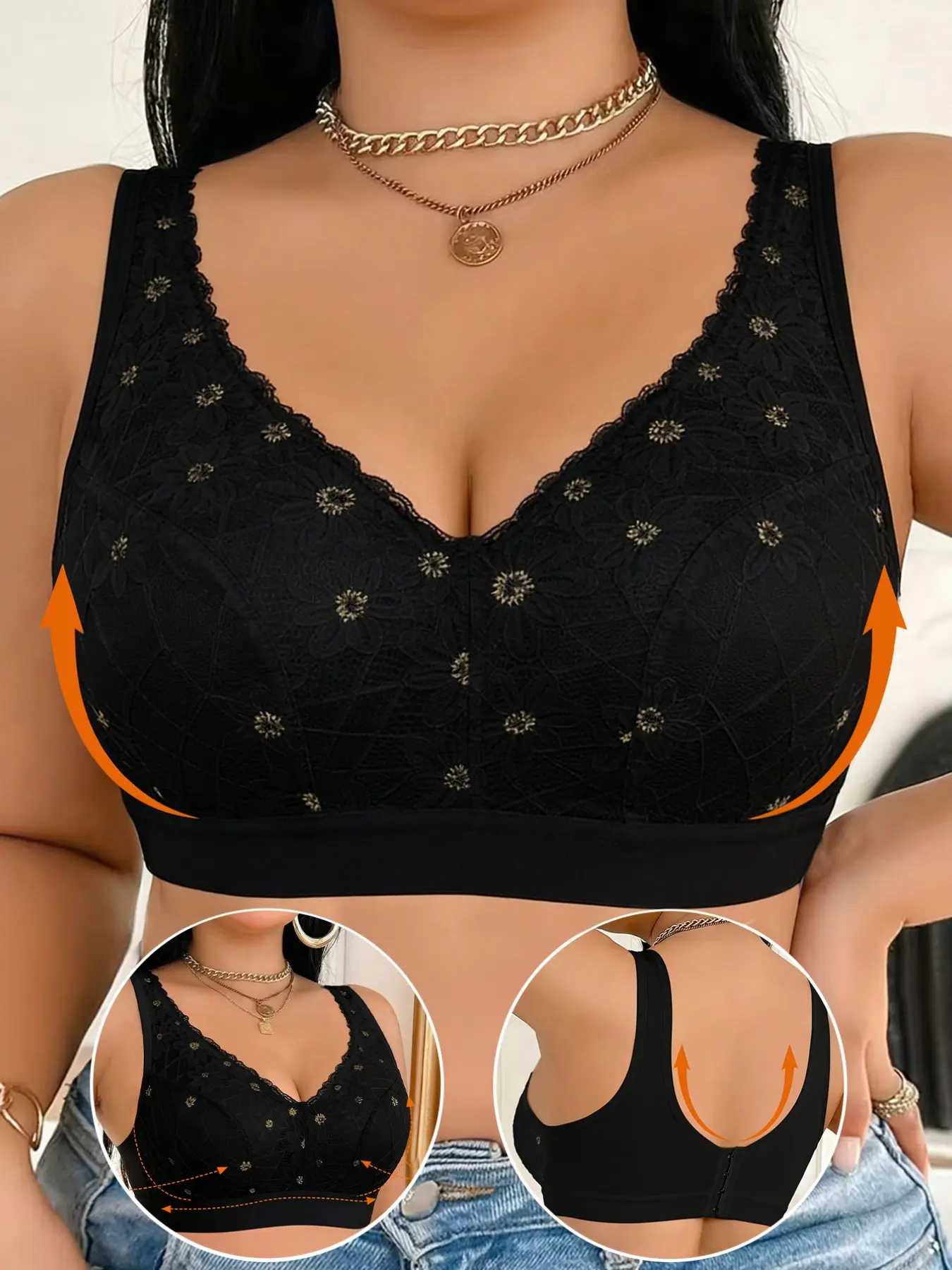 Women Plus Size Wirefree Tank Style Bra, Unique Golden Floral Lace, Full Coverage Lifting Support, Wide Back Tame Side Boobs For Daily Wear