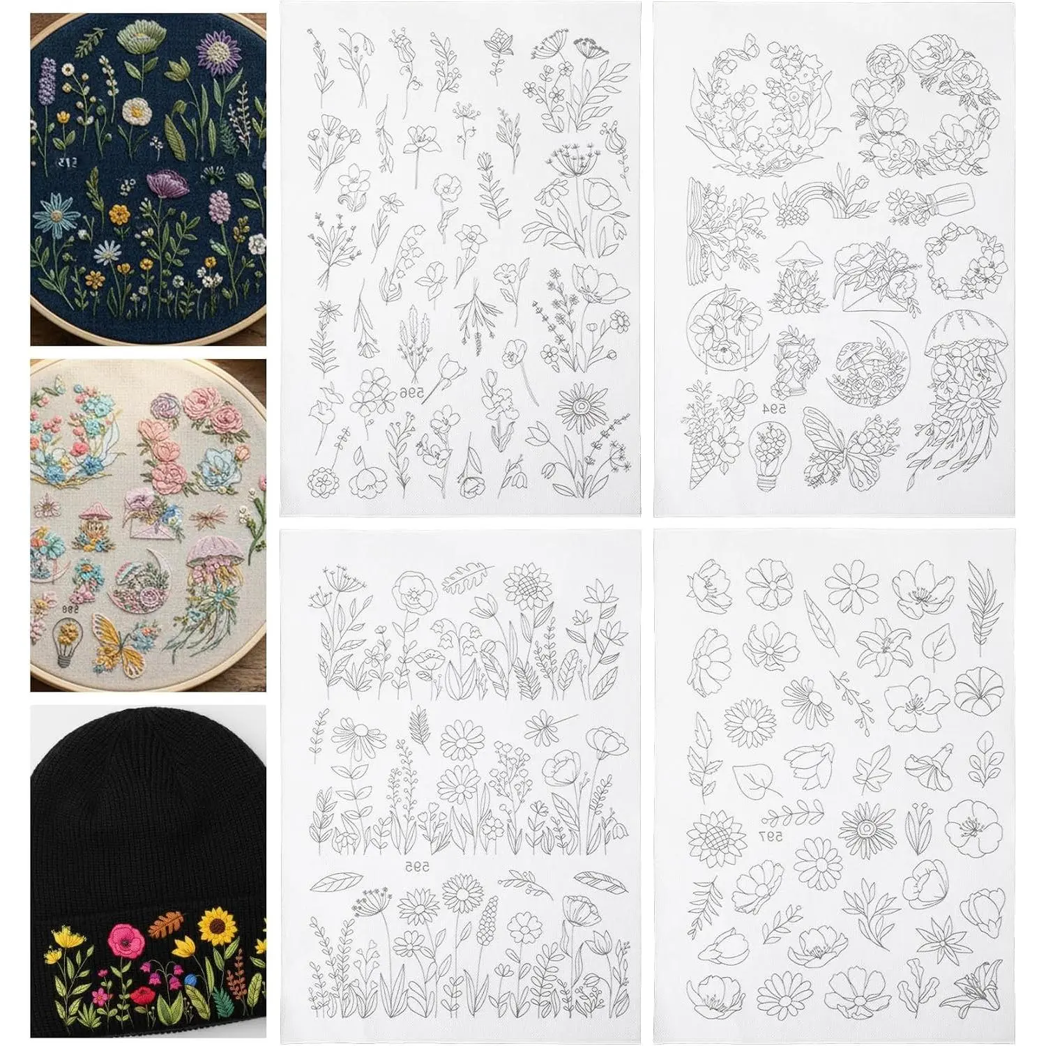 105-Piece Modern Embroidery Transfer Patterns Set (4 Sheets), Pre-Printed Floral Leaves Designs, Stick-On for Hand Sewing, Fabric Crafts & Creative DIY Projects
