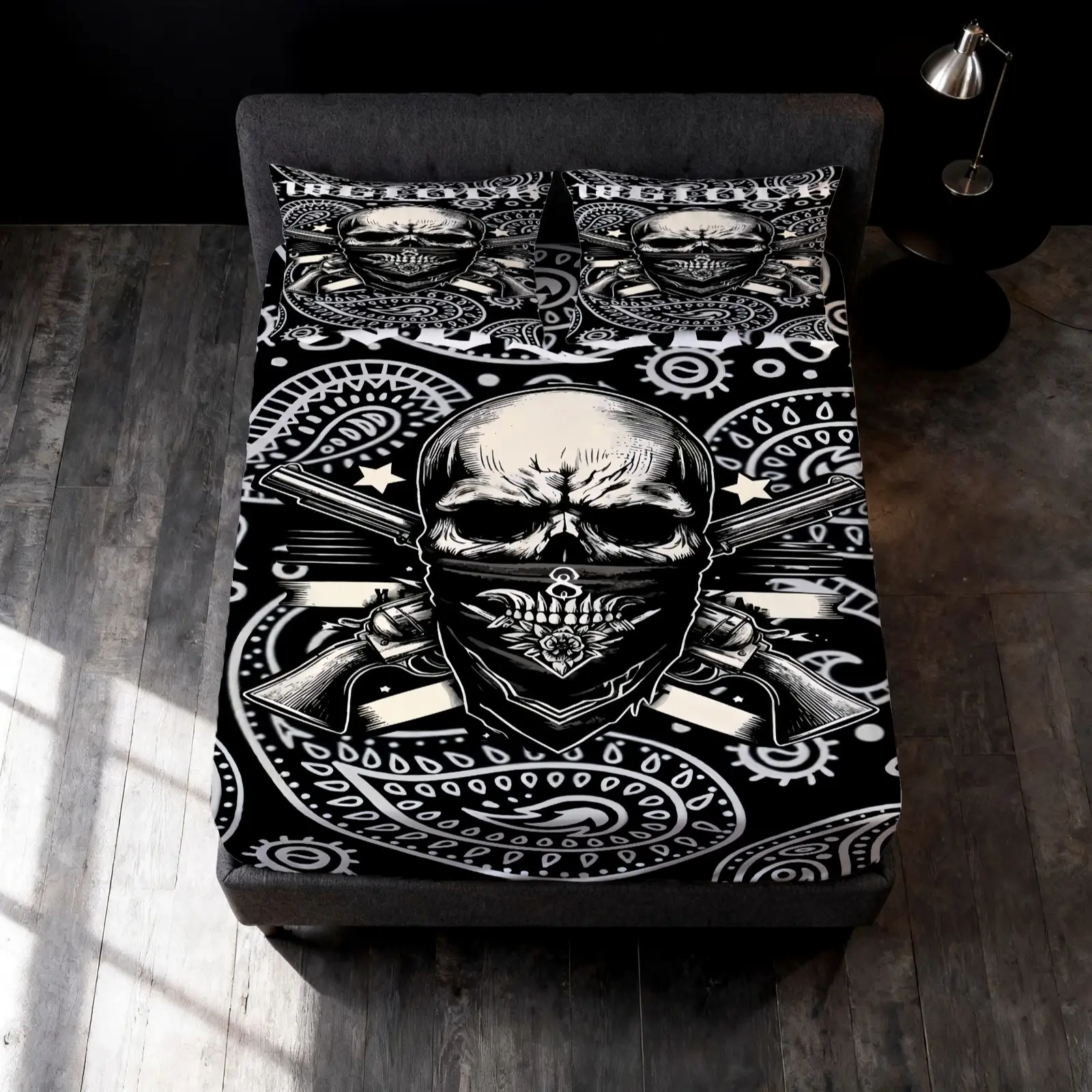 3-Piece Fitted Sheet Set, Chicano Bandana Skull Paisley Dark Street Style Bedding, 1 Fitted Sheet + 2 Pillowcases, No Inserts, Bedroom Bedding, Home Gift for Streetwear & Chicano Fans