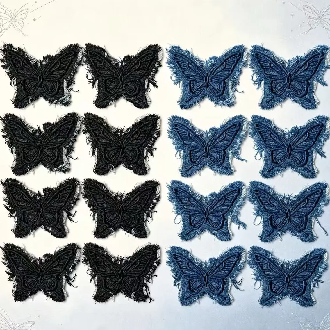 8 Butterfly Denim Iron-On Embroidery Patches – Fun Design – Easy to sew or iron, durable fabric patches suitable for personalizing jackets, bags, DIY crafts, and more