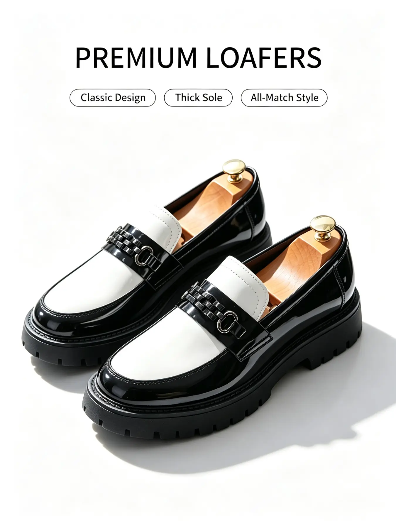 Men's Fashion Contrast Glossy Metal Chain Buckle Thick Sole Loafers, Slip-On No Strap Height Boost Retro British Business Party Shoes Footwear