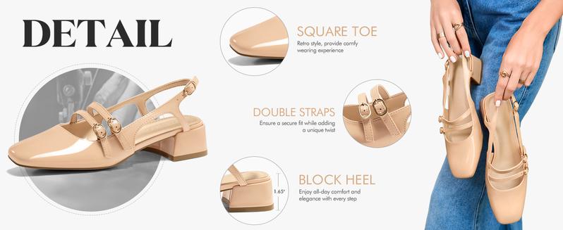 Coutgo Womens Mary Jane Chunky Low Heels Slingback Pumps Closed Square Toe Wedding Dress Shoes