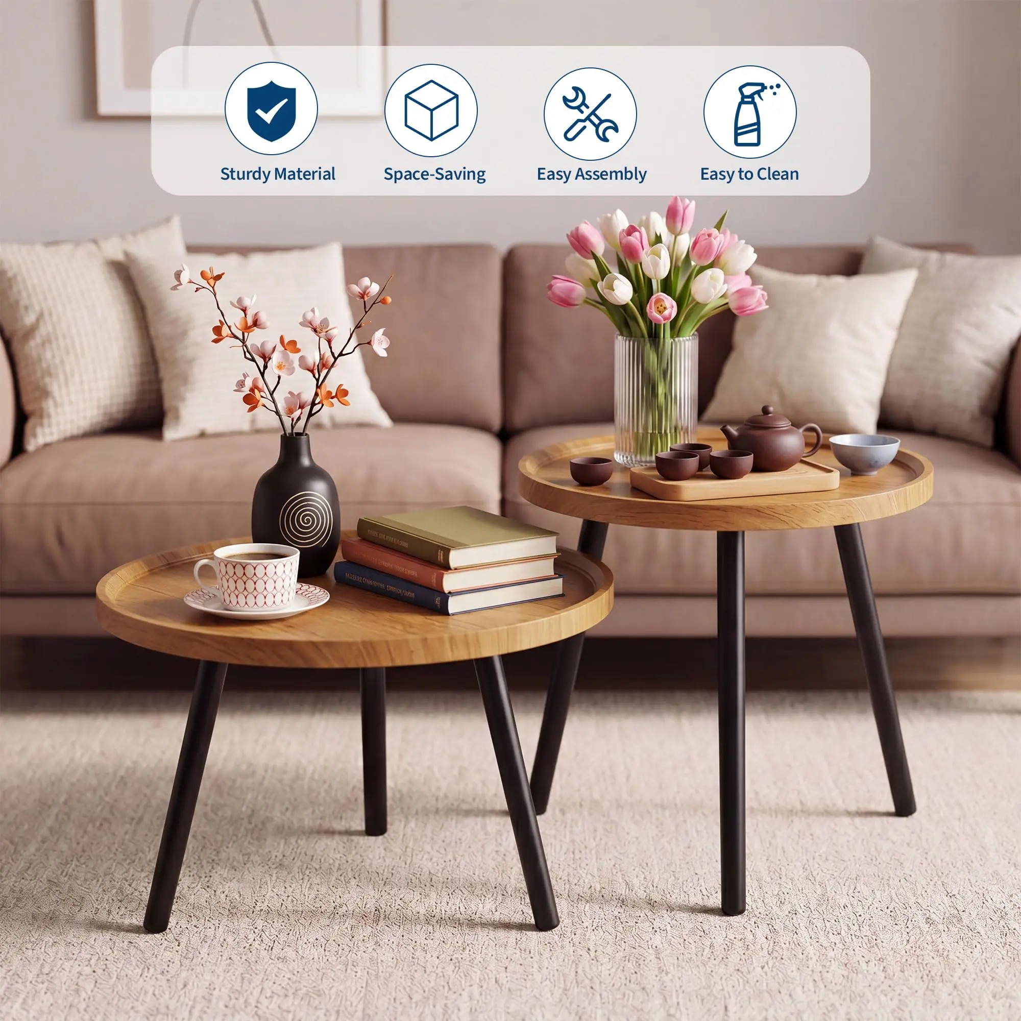 2PC Round Nesting Coffee Tables, Wood & Metal Accent End Tables - Space-Saving Stackable Design