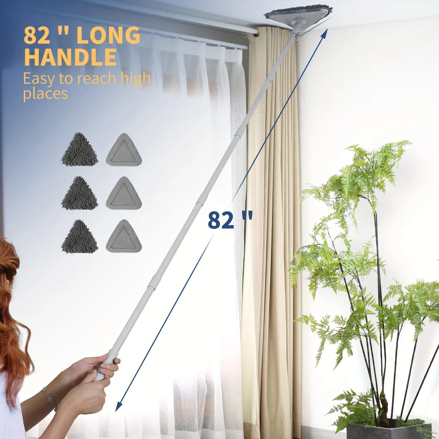 82-Inch Long Handle Wall Cleaner Mop with Squeegee & 6 Replacement Pads - Baseboard, Ceiling, Window, Floor Cleaning Tool (Gray, Metal)