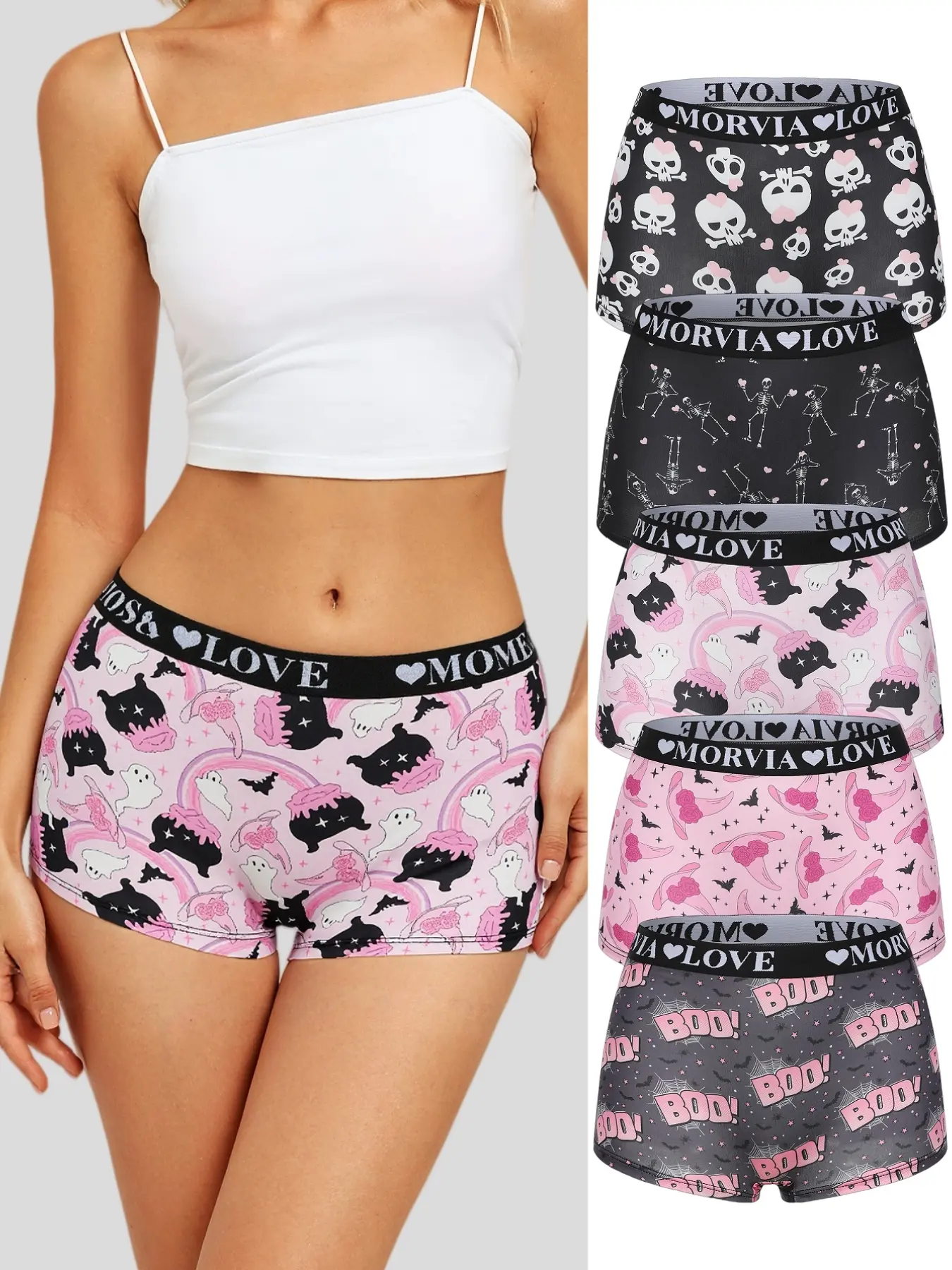 5-Pack Halloween Gothic Print Women Boxer Shorts Waistband Spooky Boyshort Underwear. #HalloweenUnderwear #PastelGoth #AltGirlFashion #WomenBoxerShorts #SpookySeason #SkullPrintPanties #Y2KLingerie #GothLoungeWear #MixedPackUnderwear #DarkAest
