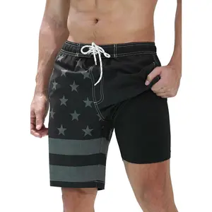 Mens Swim Trunks with Compression Liner Quick Dry Board Shorts 9" Stretch Bathing Suits with 4-Hole Waistband