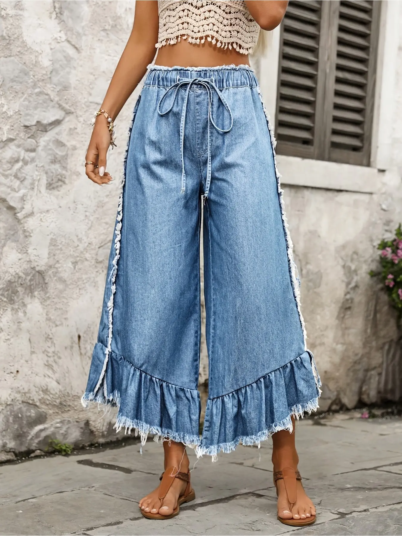 2026SS Straps Standard Women's Loose-Fit Baggy Drawstring Wide-Leg Denim Pants Side Pleats Frayed Edges Washed Denim Wide-Leg Pants Versatile Jean