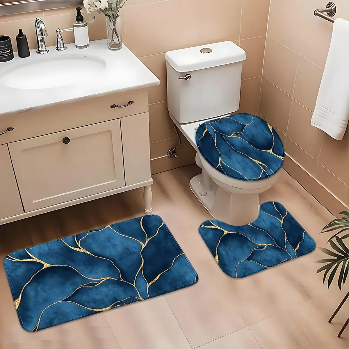 Luxury Blue Gold Marble Bathroom Set, Faux Lamb Wool Absorbent Non-Slip Mats, Comfortable Bath Mat Suite, Indoor Use, Bathroom Rugs Washable, Nonslip Bathroom Rugs