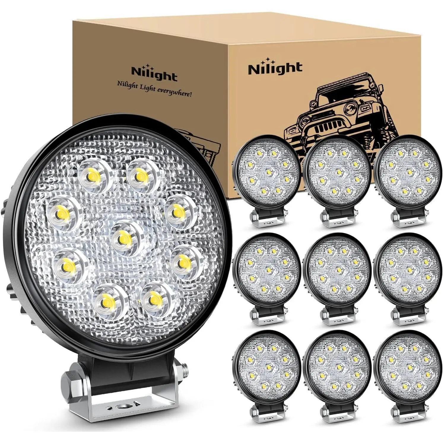 Nilight 4.5-In Round Shape 27W Adjustable Spotlight - Aluminum, Temperature-Resistant, Waterproof, Mountable, IP67 Rated Off-Road LED Work Light for Jeep, Truck Automotive Driving Use