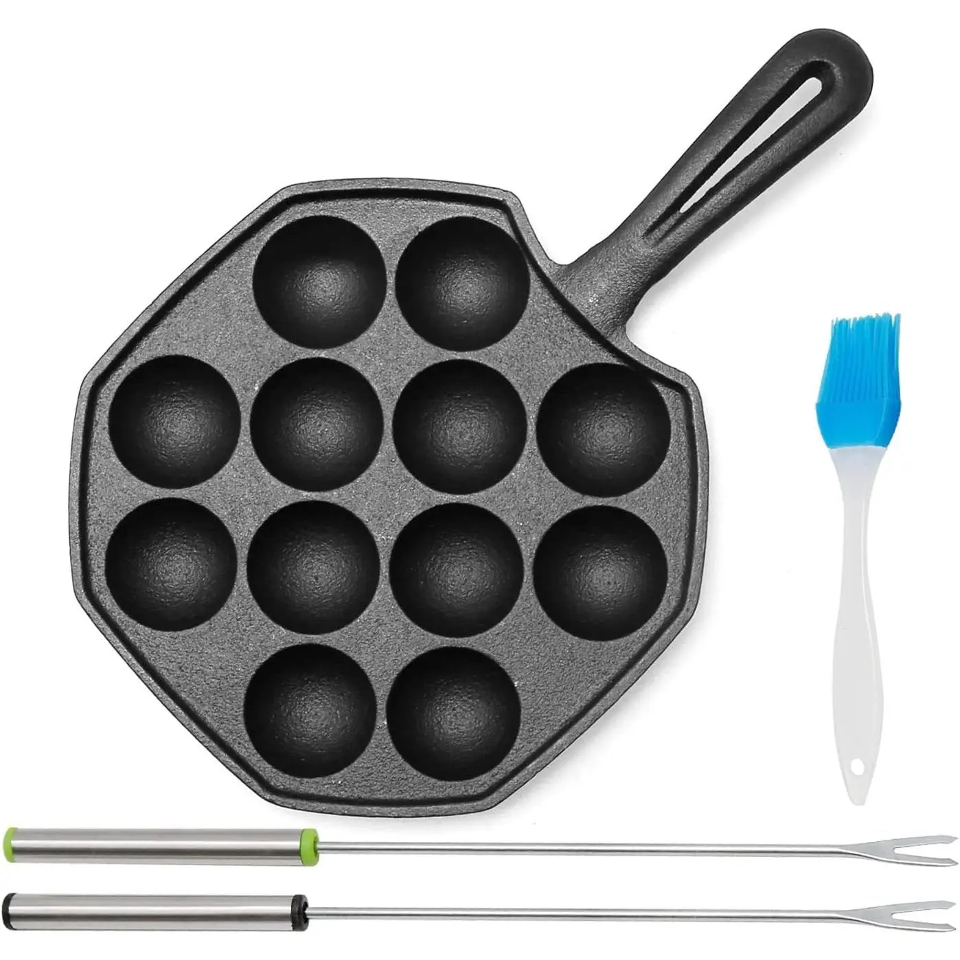 Cast Iron Takoyaki & Aebleskiver Pan, 12-Hole, 7.5-Inch | Compact 7.5-inch 12-well pan for takoyaki, aebleskiver and pancake balls; uncoated cast iron requires drying and oiling