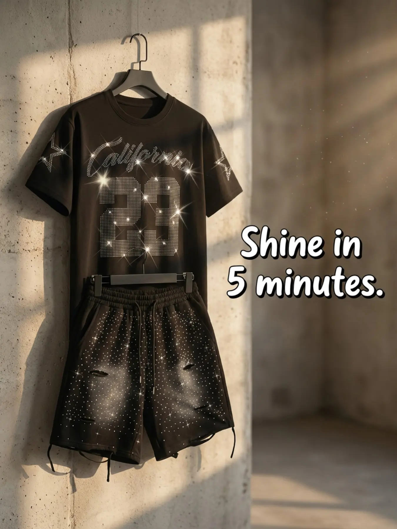 High-Quality Men's Casual Summer Breathable Fabric Matching Set, T Shirt Set, Menswear Rhinestone Graphic Letter Print Tee & Drawstring Waist Shorts, Perfect for Travel & Daily Wear