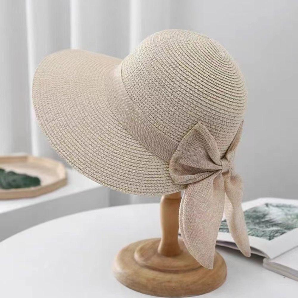 Summer UV Protection Sun Hat Wide Brim Breathable Beach Cap Bowknot Casual Straw Hat for Women