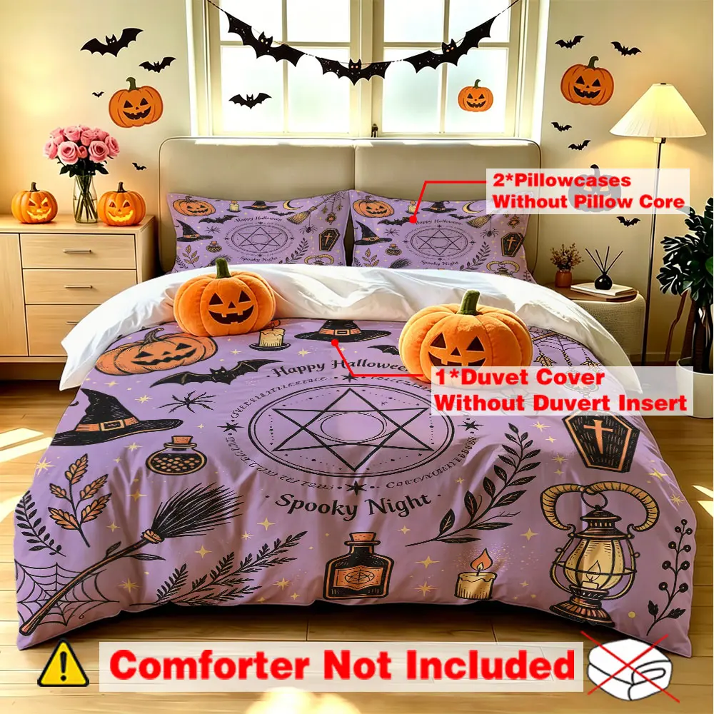 3pcs purple Halloween pumpkin witch pattern bedding set (one bedding cover, two pillowcases) without filling, suitable for single beds, double beds, and can be used in bedrooms, student dormitories, e-sports hotels, and as gifts