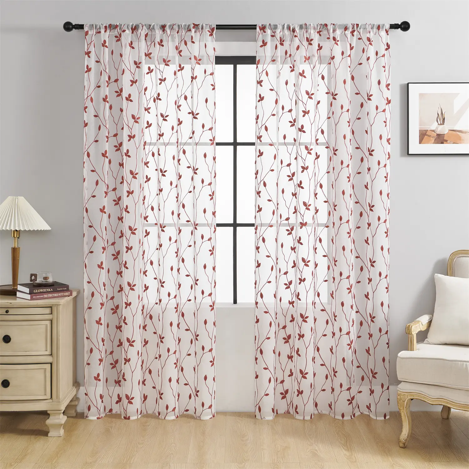 Leaf Embroidered Sheer Curtain 2 Panels for Small Windows, Rod Pocket Light Filtering Faux Linen Leaves Patterned Curtains for Bedroom Living Room : Home & Kitchen