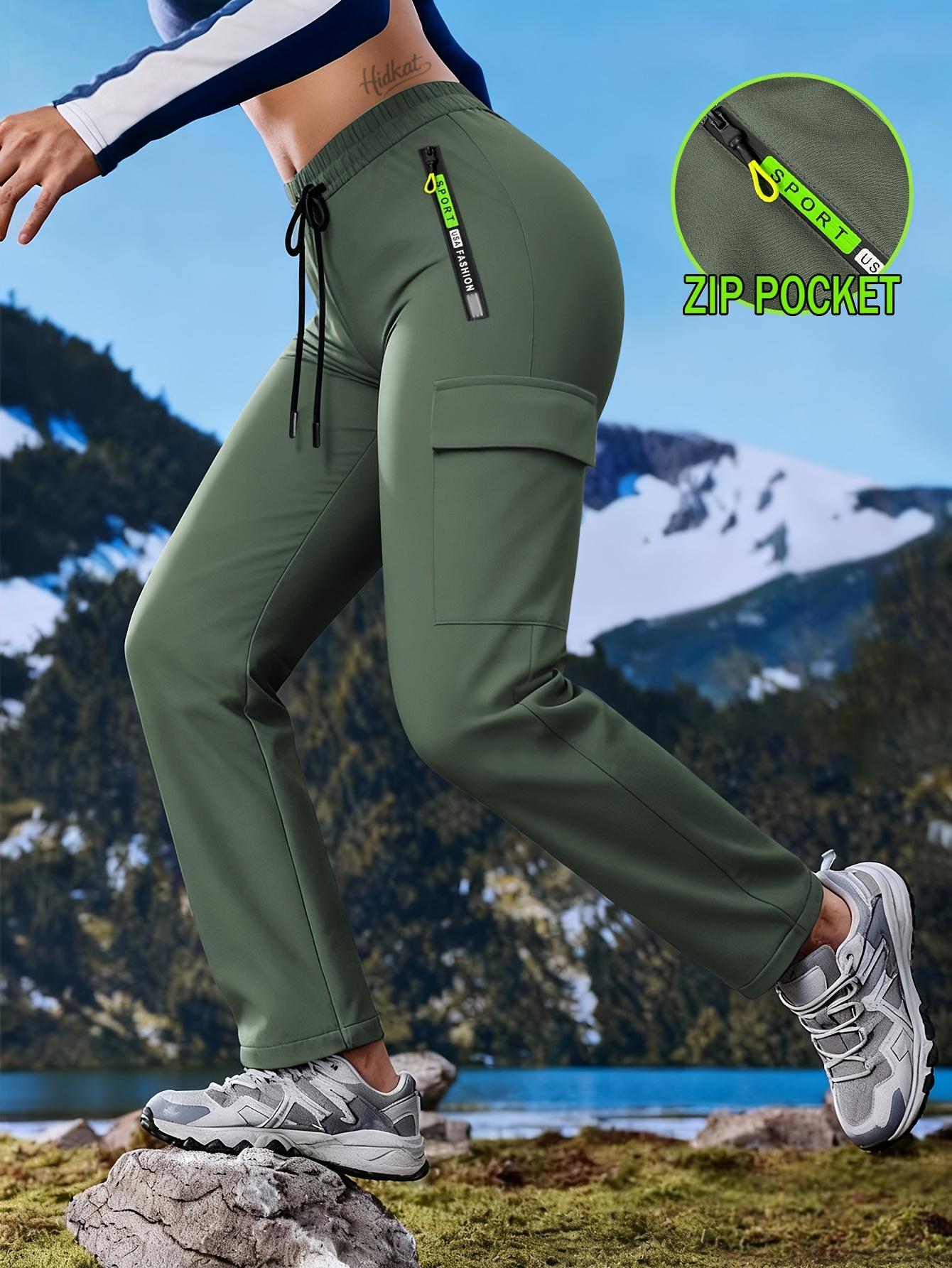 Women's multi pocket zipper workwear straight leg casual pants Drawstring elastic waist outdoor fitness pants Multi colored versatile functional straight leg pants for daily commuting