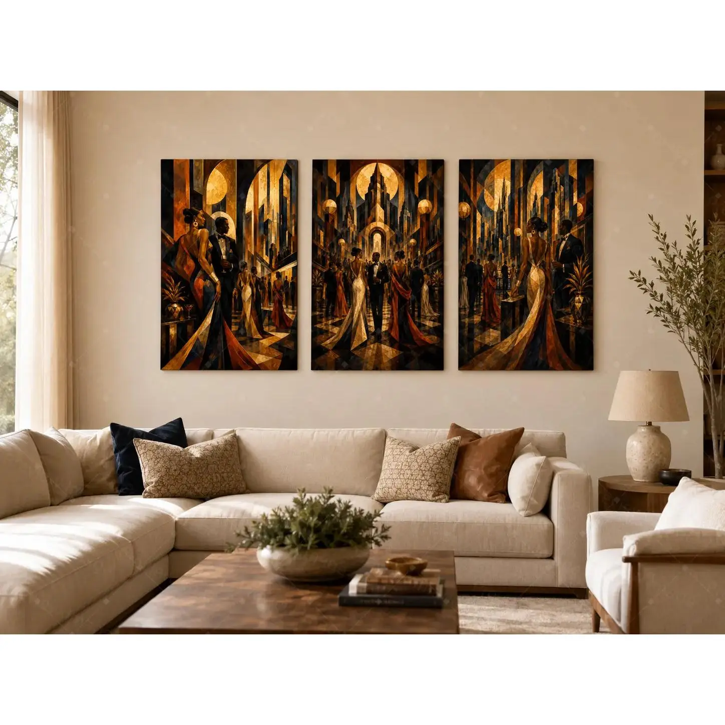Art Deco Gala Wall Art Set of 3, Black Gold 1920s Party Scene Posters, Elegant African American Couple Canvas Prints, Wall Decor for Living Room, Dining Room, Office, Luxury Home, Gift for Art Lovers, Unframed/Framed Options Available,wall decor,poster.