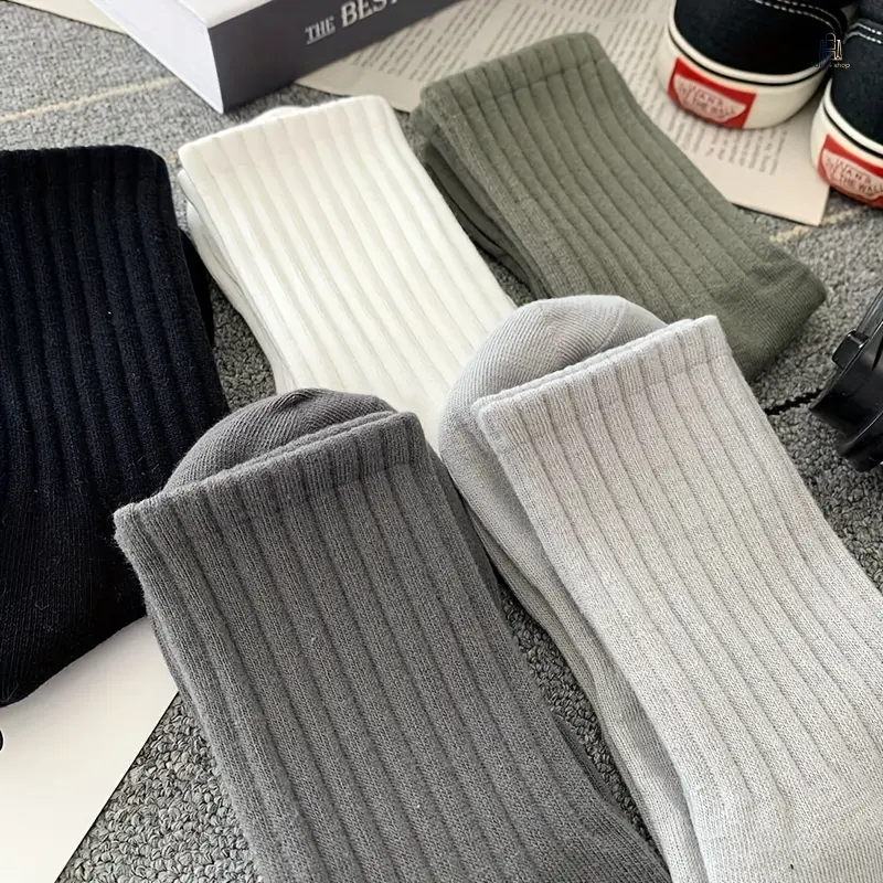 5 Pairs Mens Solid Crew Socks Multi Color Pack, Lightweight Breathable Striped Texture Mid Calf Socks, Soft Casual Socks in Black/Gray/Beige/White for Spring Autumn Daily Wear