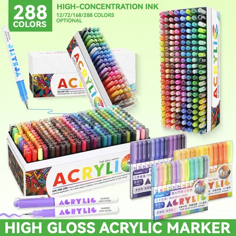 Guangna High-Gloss Acrylic Gel Pen Set, 12/72/168/288 Colors, 1.0mm Hard Tip, High Concentration Ink, Ideal for Wood, Ceramic, Metal & Glass Art, Artistic Supplies