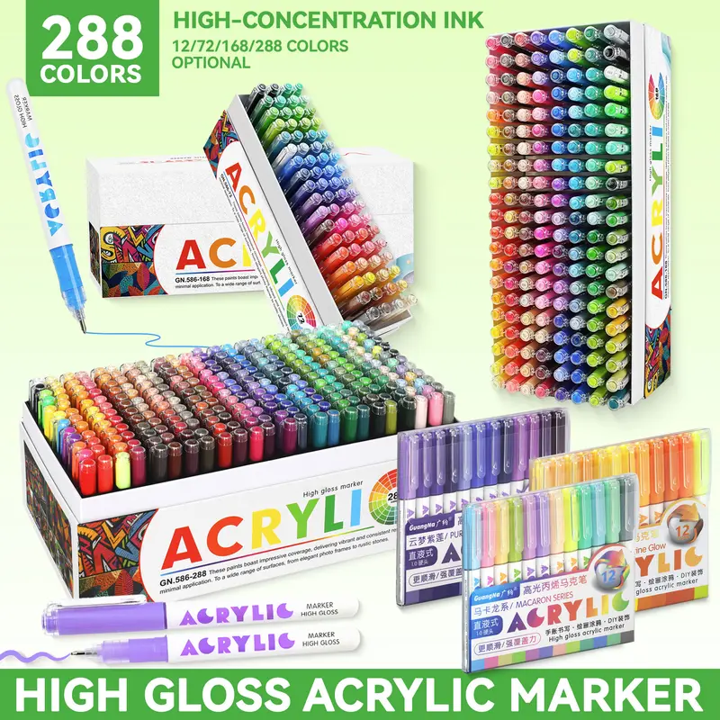 Guangna High-Gloss Acrylic Gel Pen Set, 12/72/168/288 Colors, 1.0mm Hard Tip, High Concentration Ink, Ideal for Wood, Ceramic, Metal & Glass Art, Artistic Supplies