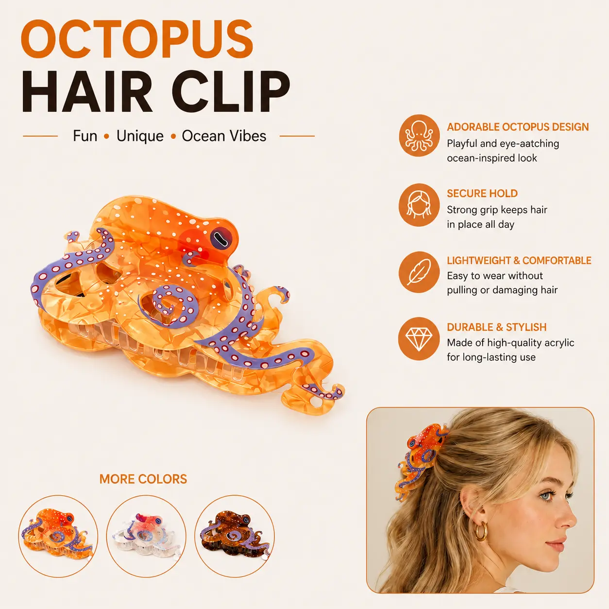 Cute Octopus Claw Clip, Novelty Strong-Hold Hair Accessory for Beach, Parties, and Daily Wear, Fun Ocean Animal Hair Clip for Women and Girls, Hair Claws-YY0