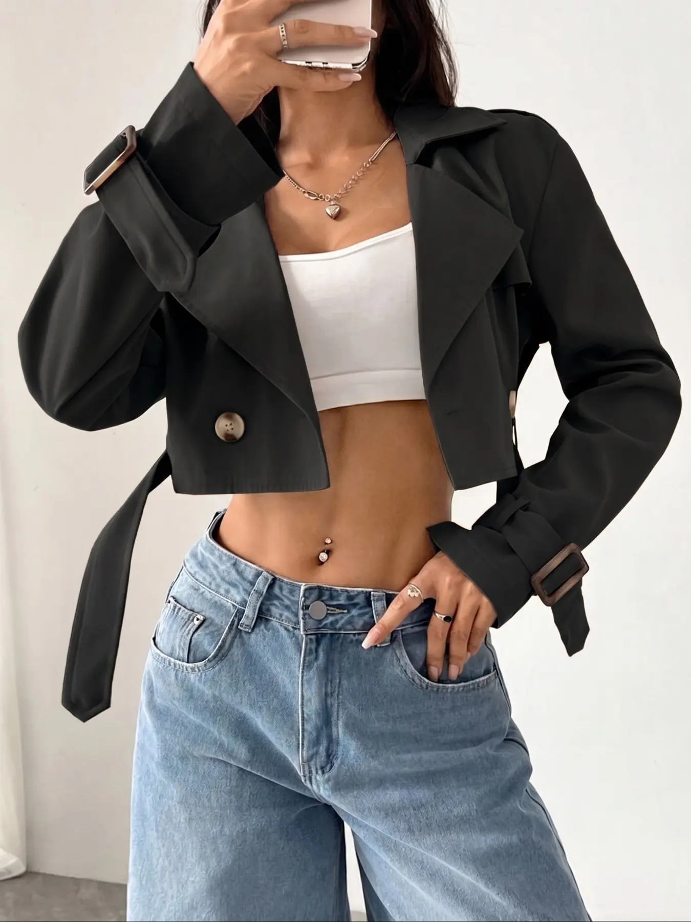 Women Solid Cropped Long Sleeve Trench Coat, Button Front Elegant Soft Casual Outerwear for Spring & Fall, Versatile Coat Suitable for Daily Commute, Dates, Outings, Gatherings, Parties & Vacations