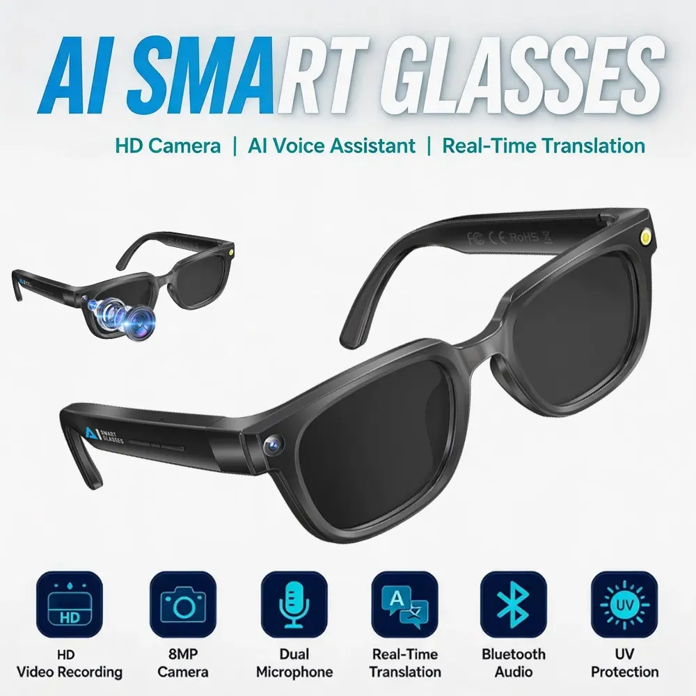 Bluetooth Smart Glasses with Camera,Take Mirror Selfies Without Holding Your Phone ,8MP Camera, 110 Degree Wide Angle Lens, Anti-shake Video Recording, 4GB Memory Build-in, 290Mah Battery ,3D Stereo Sound, Bluetooth Call, Music Control
