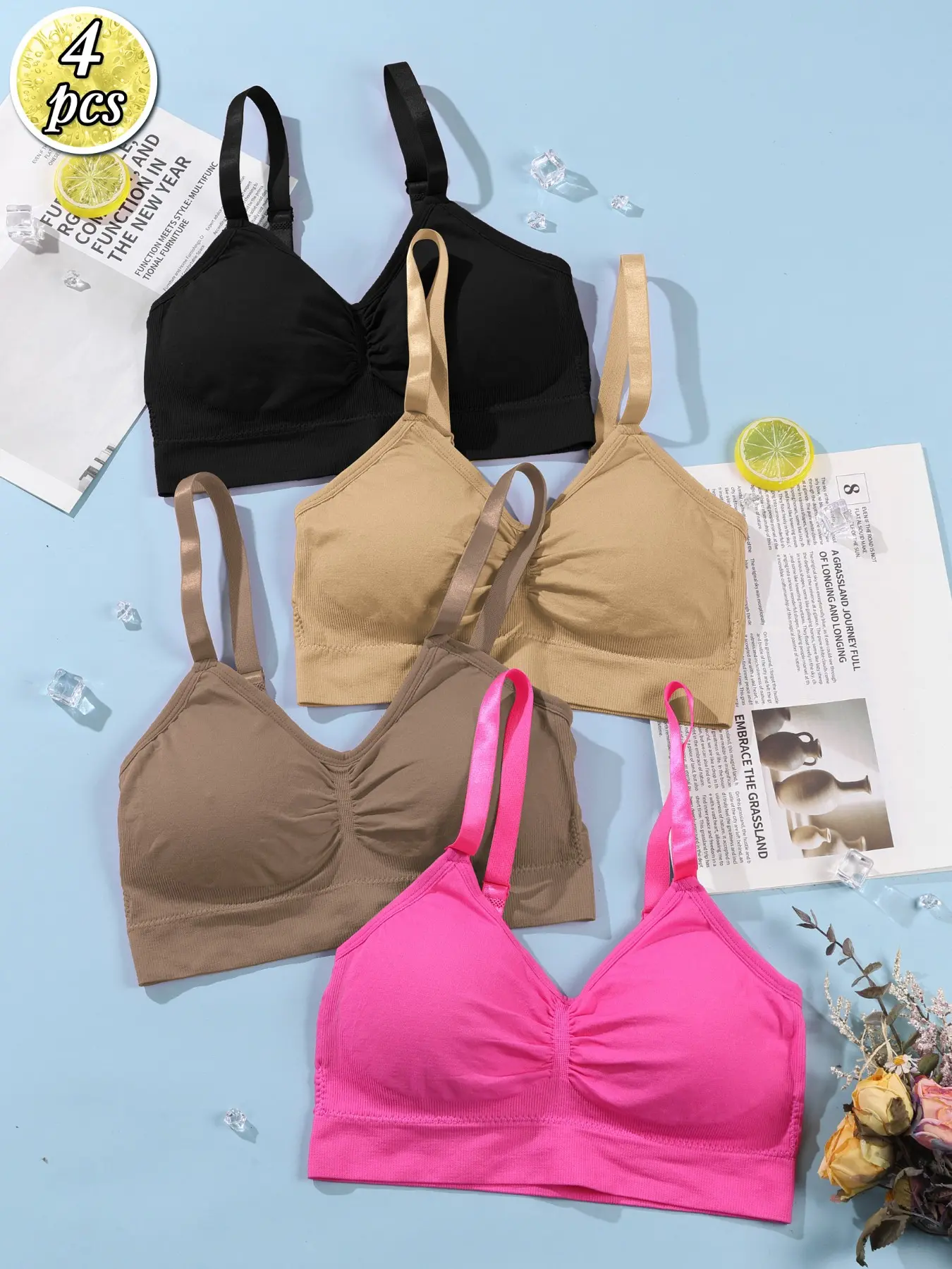4-Pack Seamless Ruched Wirefree Bra with Adjustable Straps, Wide Back Comfort Bralette for Everyday Wear Fit