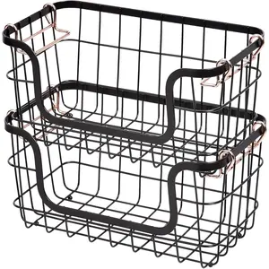Basics Stackable Metal Wire Rectangular Storage Baskets for Kitchen, Bathroom or Pantry Organizing, 2 Count, Black